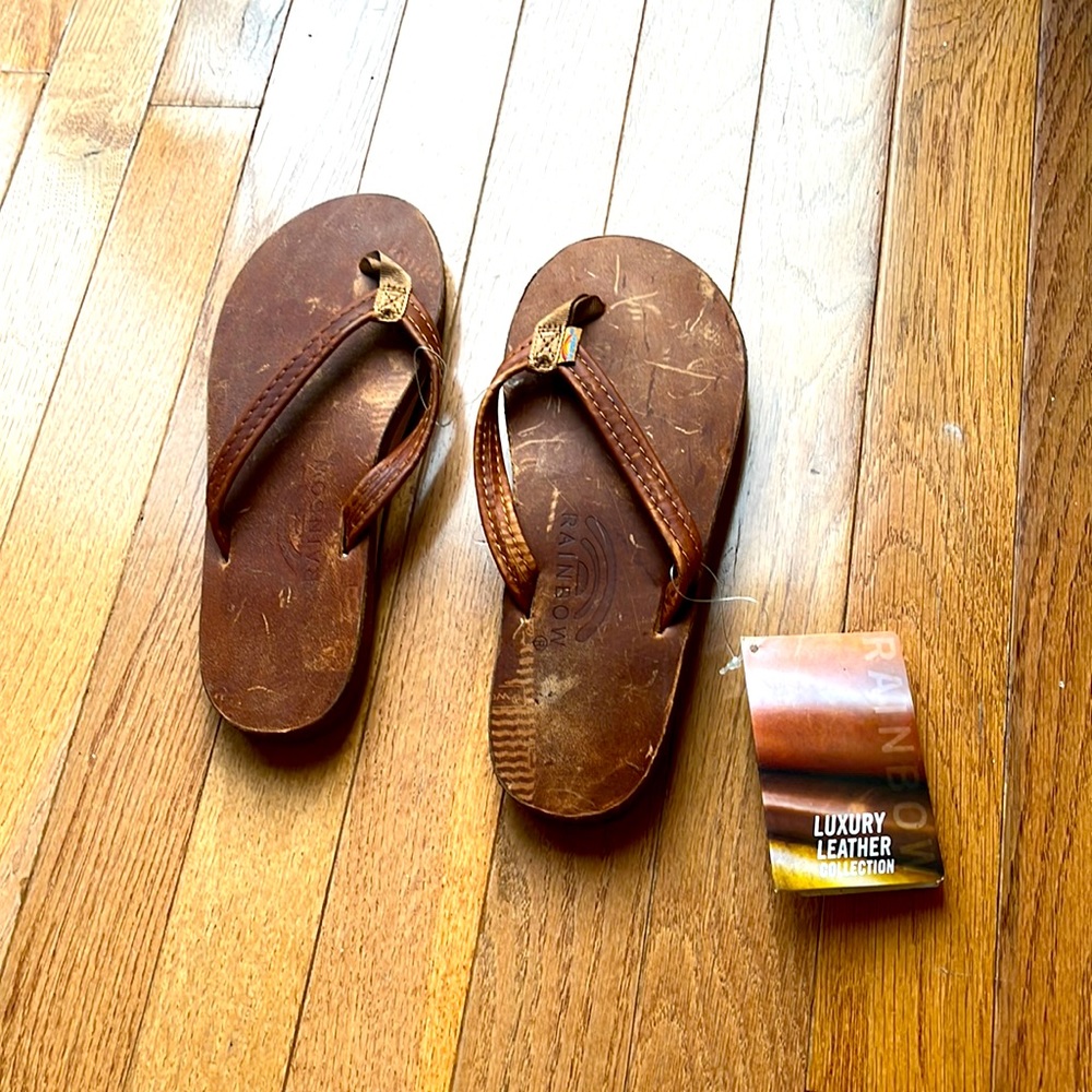 Rainbow flip flops; women size small (5.5-6.5); Tahitian tan; new with tags